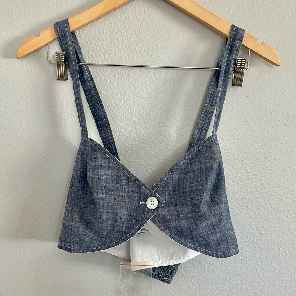 Blue Denim Crop Top with white front button closure, adjustable straps